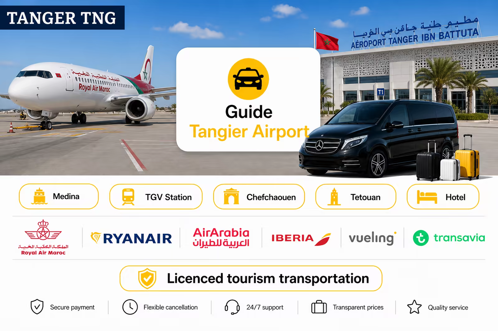 Tangier Ibn Battuta Airport (TNG) transfer — airlines and Northy private transfer