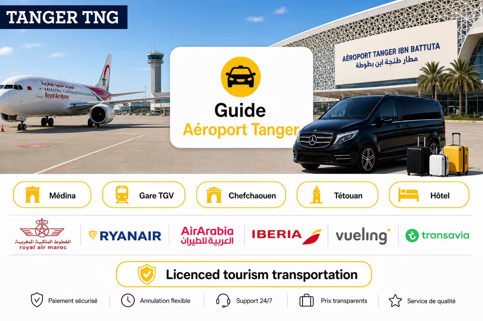 Transfert aéroport Tanger Ibn Battouta (TNG) — compagnies aériennes et transfert privé Northy