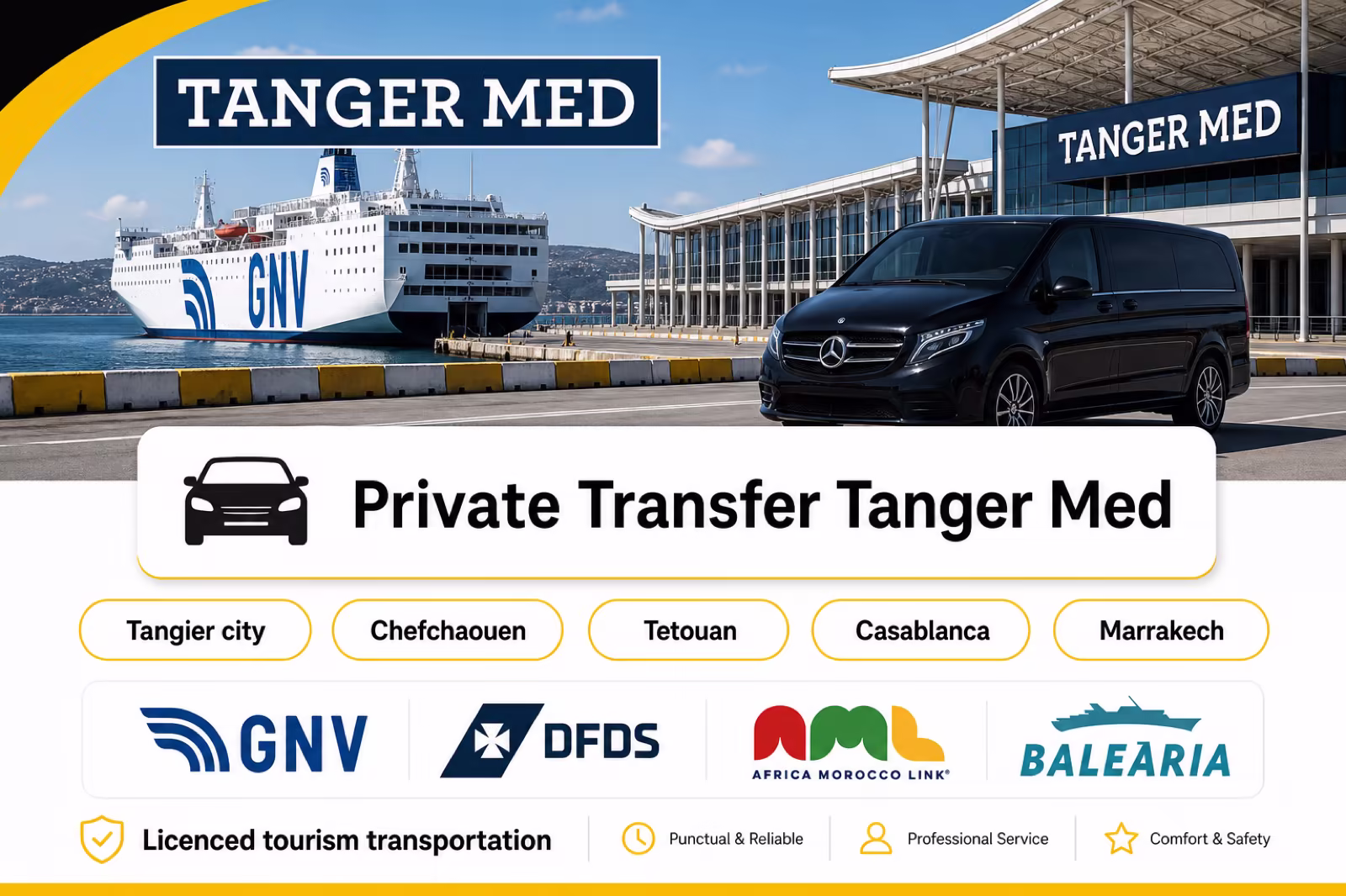 Private transfer from Tanger Med Port — ferry, Northy van and chauffeur meet & greet