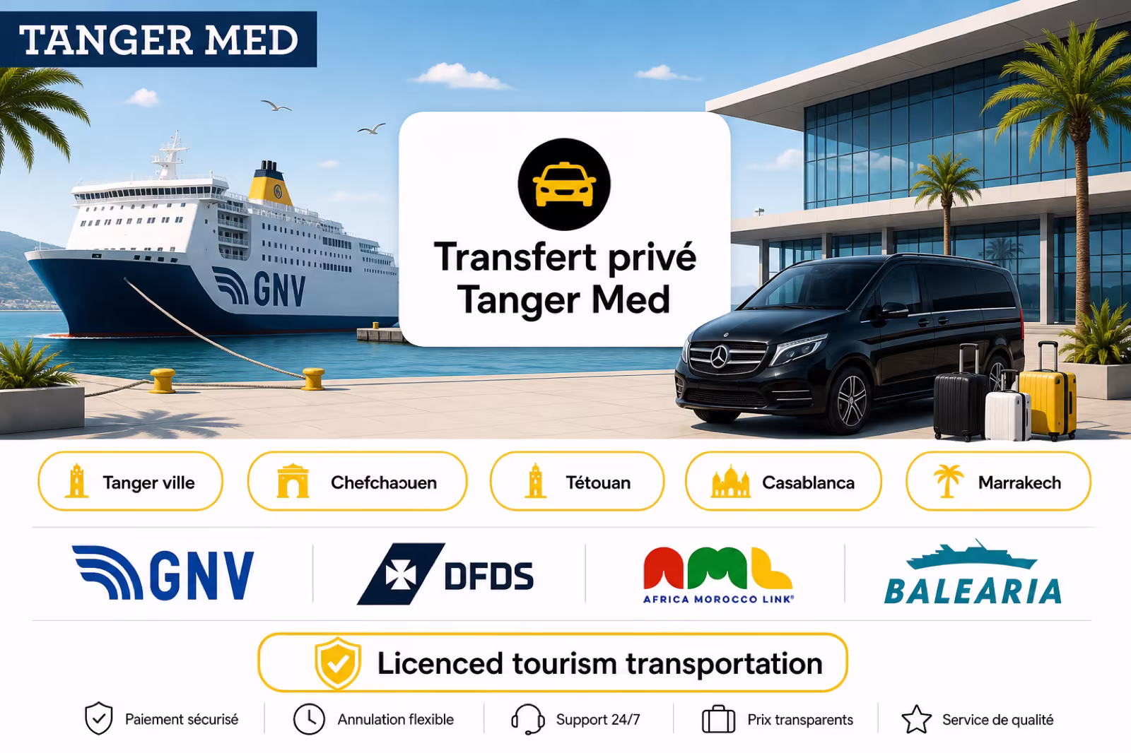 Transfert privé Port Tanger Med — ferry, van Northy et accueil chauffeur