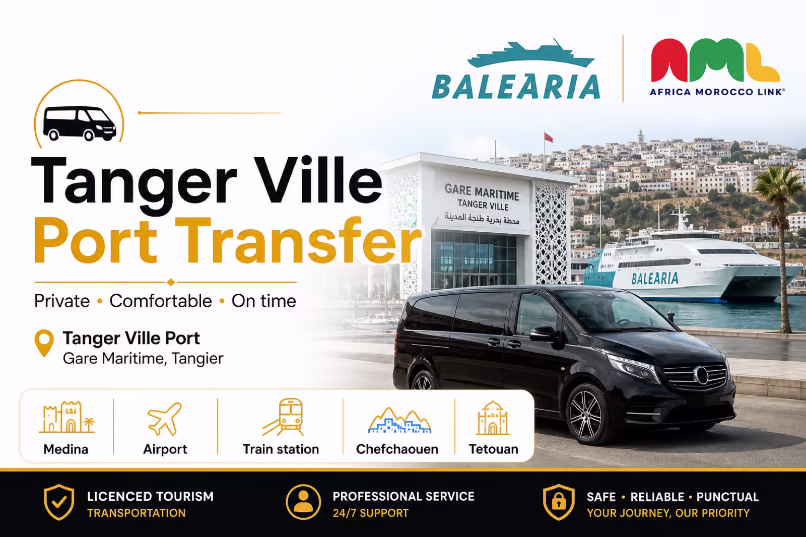 Private transfer from Tanger Ville Port — Tarifa ferry, maritime station and Northy van