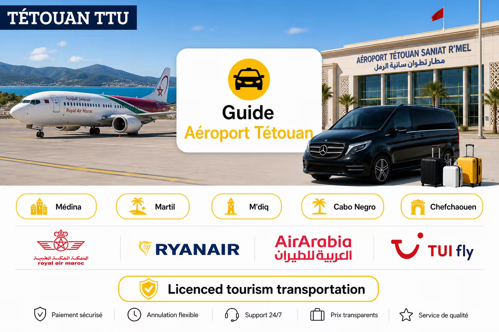 Transfert aéroport Tétouan Saniat R'mel (TTU) — compagnies aériennes et transfert privé Northy