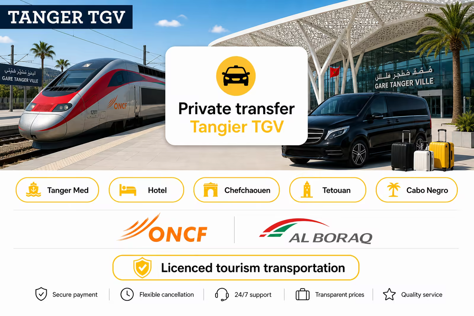 Private transfer at Tangier TGV station — Al Boraq, forecourt and Northy van