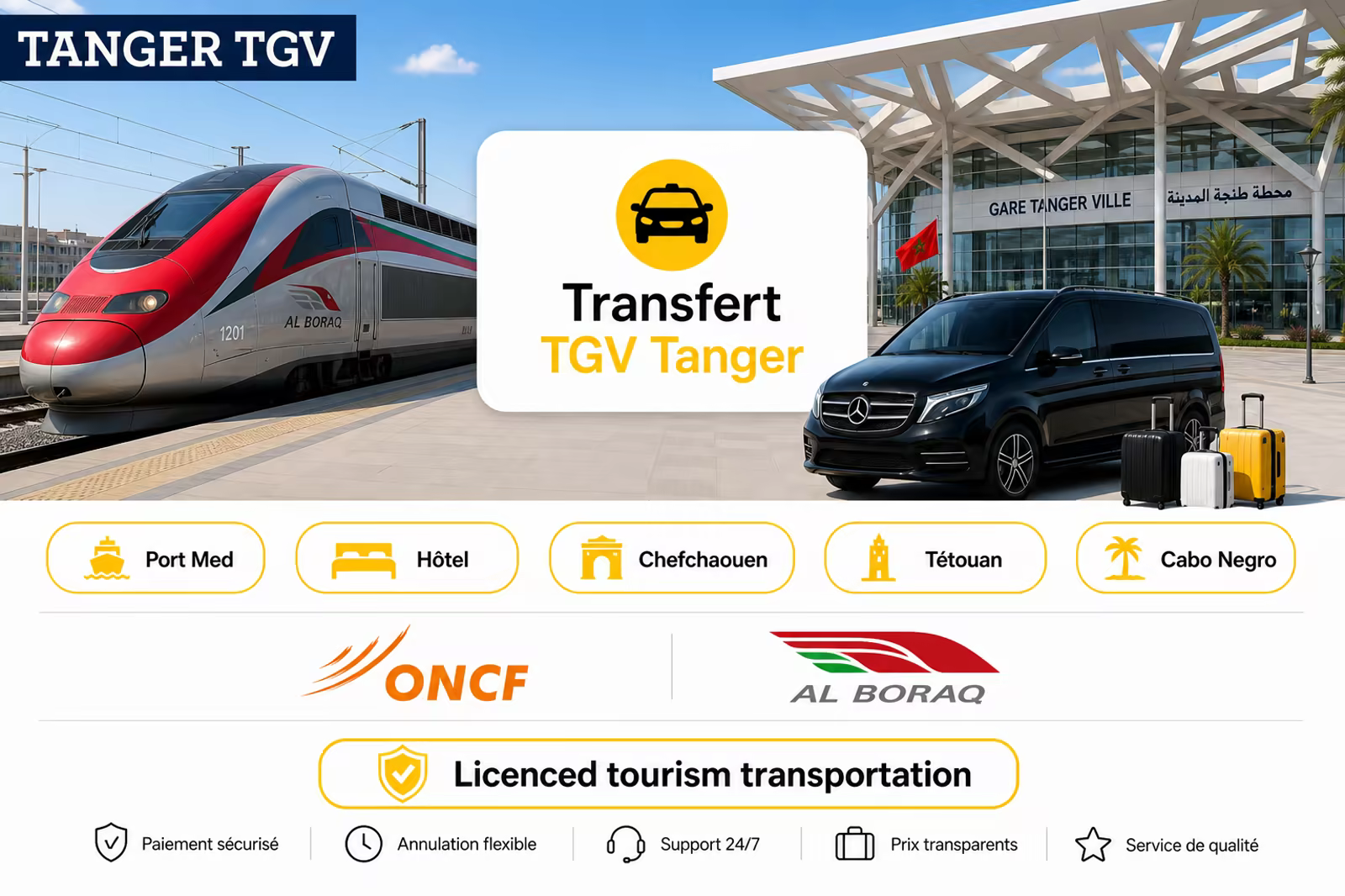 Transfert privé gare TGV Tanger — Al Boraq, parvis et van Northy