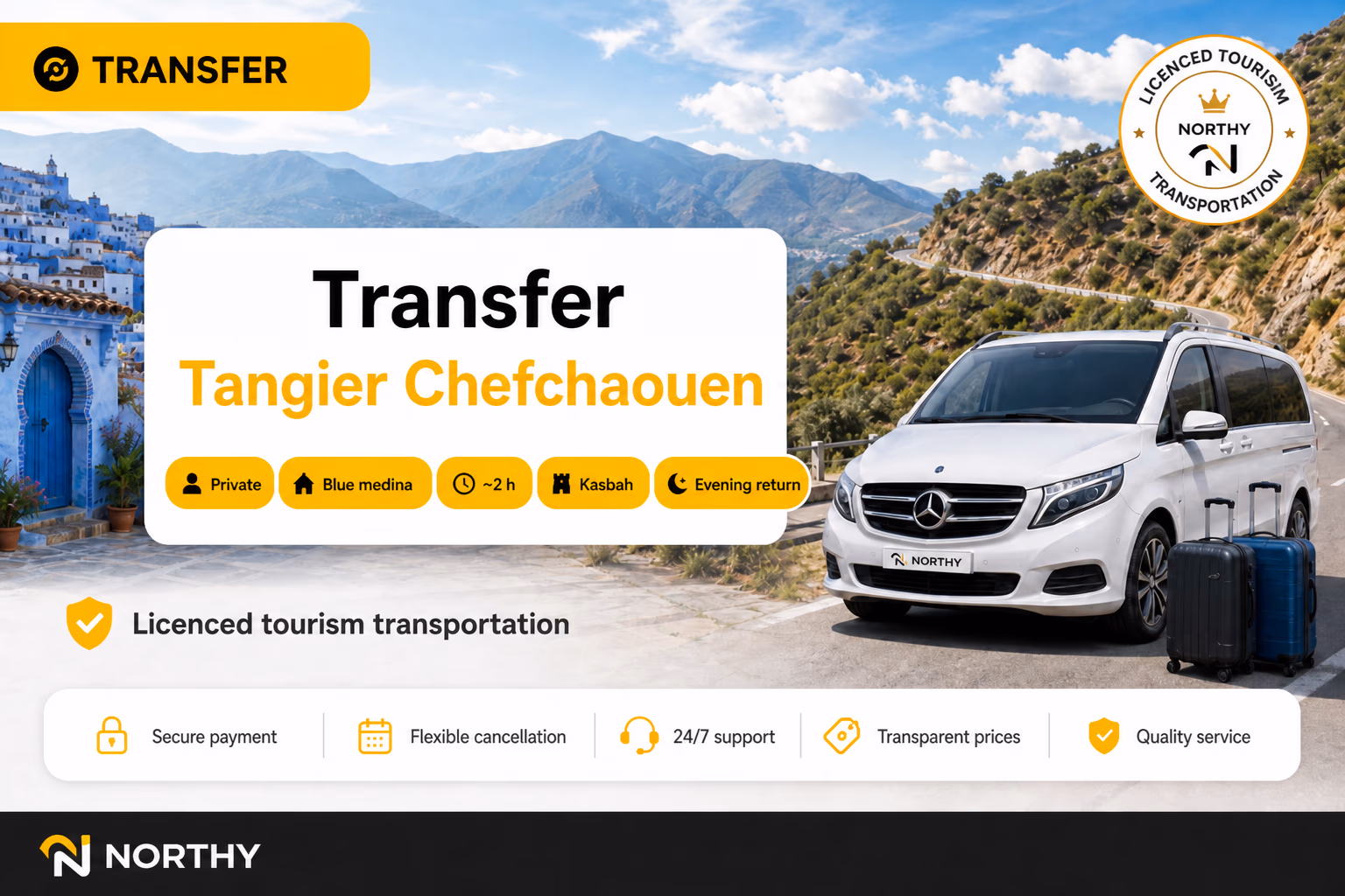 Tangier to Chefchaouen transfer — licensed vehicle to the blue medina